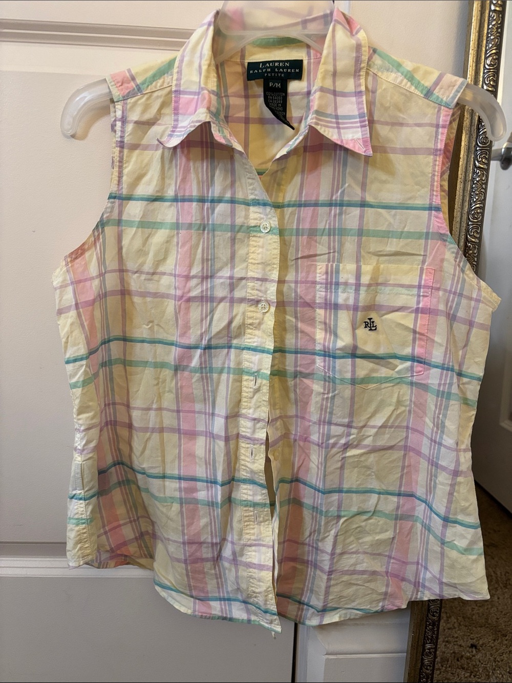 Ralph Lauren Pastel Plaid Sleeveless Button-Front Shirt